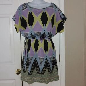 Paper Doll Multi Color Print Dress With Tie Belt Size L